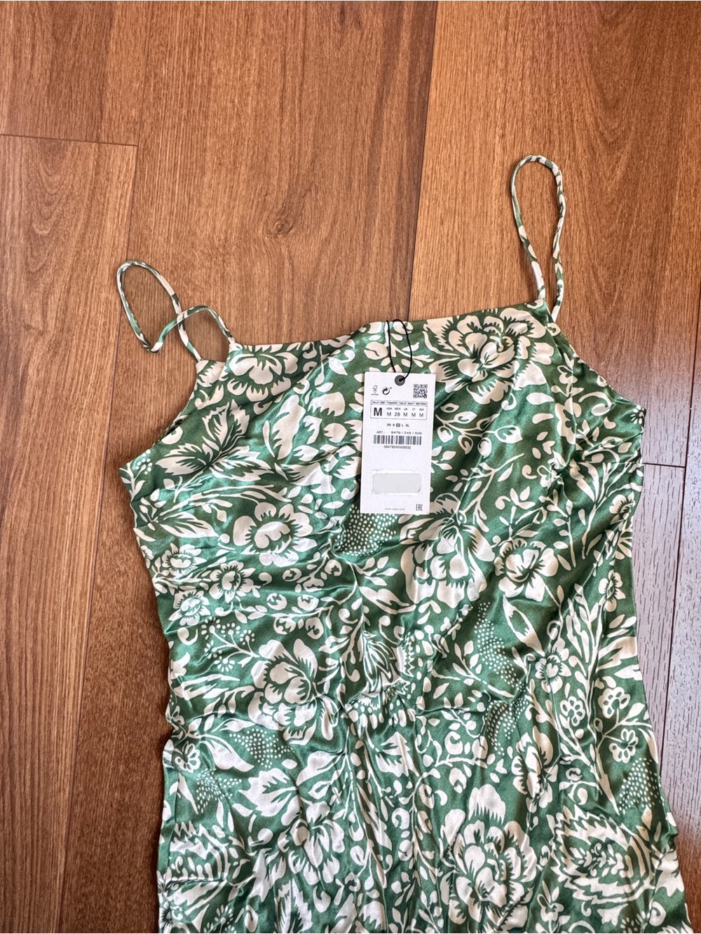 NWT Zara Satin Floral Midi Long Dress Green White Size M Summer Vacation